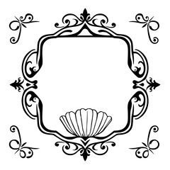 Elegant black and white ornate framed design with a seashell and ornamental details on a white background, minimalist style.