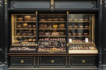 Elegant Pastry Shop Display: Exquisite Chocolates and Cakes Showcase in a Classic Shopfront