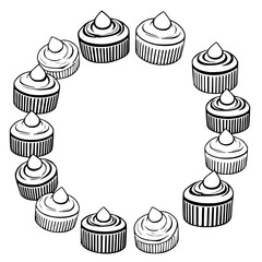 Circle of Cupcakes: Black and white illustration of cupcakes arranged in a circular pattern.