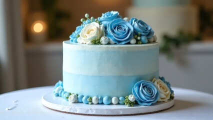 big blue wedding cream cake on table; cake decorated with sugar hearts, flowers and berries 