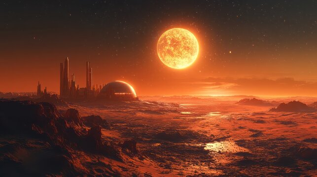 Alien Cityscape Under a Crimson Sun: A Martian Metropolis at Sunset
