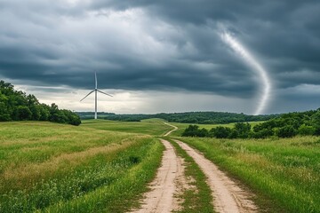 Dirt Road Leads to Wind Turbine Under Dramatic Stormy Sky
