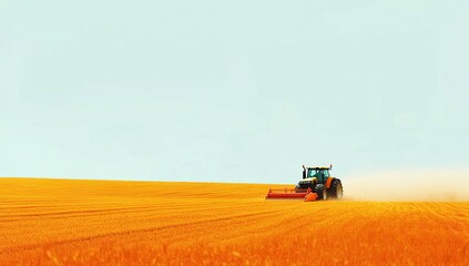 Fototapeta premium Tractor Harvesting Golden Wheat Field, Agricultural Machinery in Action, Rural Farming, Sunny Day Landscape, Serene Countryside Scenery