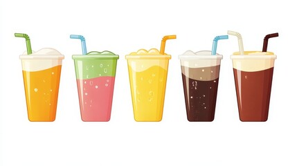 Set of cold Beverages for Cafeteria and restaurant Menu in glass and plastic cup. Non-alcoholic beverages. Healthy lifestyles.