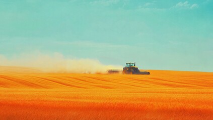 Fototapeta premium Tractor Harvesting Golden Wheat Field Under a Summer Sky
