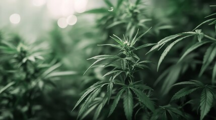 Watercolor decorative green leaves of big cannabis hemp on white background
