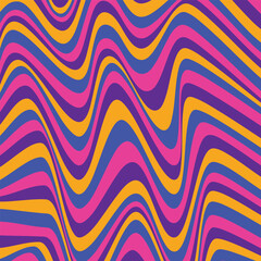 Vibrant psychedelic abstract background with colorful wavy curves in pink, blue, purple, and yellow. Dynamic optical illusion pattern with retro and futuristic aesthetics