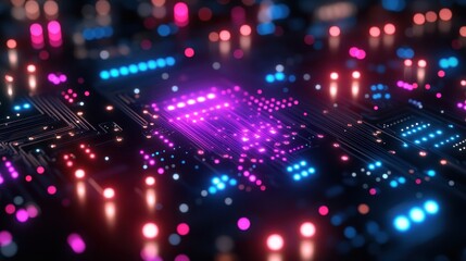 Neon Circuit Board Glowing, Data Flow, Tech Background