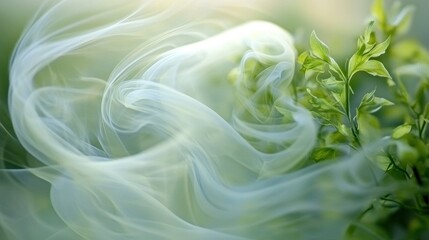 Obraz premium Serene Smoke Enveloping Vibrant Green Leaves