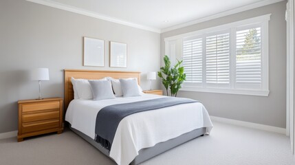 Modern serene bedroom interior with wooden furniture, natural light, and minimalist decor for cozy living space