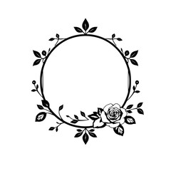 Floral circular frame design with a single rose and delicate leaf pattern, black and white. © MatandSterre