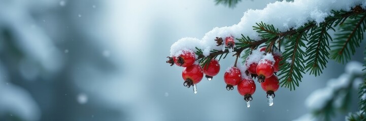Snow-covered pine tree branches hold icy rowan berries, a fleeting moment of stillness, nature, rowan berries, evergreen trees