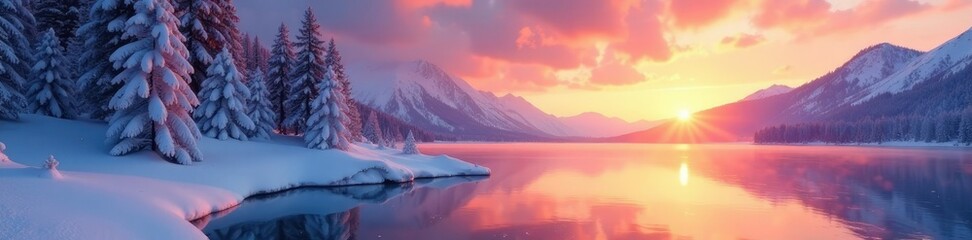 Snow-covered trees on a frozen lake at sunset, alpine, Val di Sole