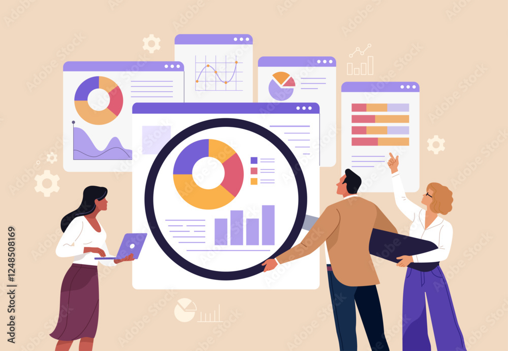 Aufkleber Business Data Analytics Concept. Vector illustration in flat style of a close-up group of people analyzing tabs with graphs and statistics. Isolated on background