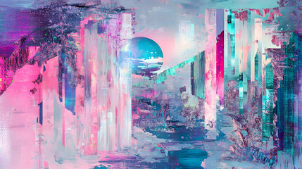 Fototapeta premium A futuristic digital cityscape bathed in neon lights, with glowing buildings and streets.