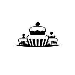 Black-and-white minimalist illustration of three cupcakes, featuring a stacked design and a simple minimalist style on a white background.