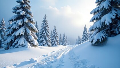 Fototapeta premium Snowdrifts pile high on the ground near tall pine trees in a winter landscape, winter landscape, snowstorm