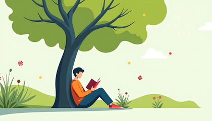 Young man reading a book under a tree in a sunny park