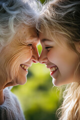 Fototapeta premium closeup photo of a joyful elderly Caucasian woman with silver hair and a younger Caucasian woman with blonde hair, sharing a warm and affectionate moment outdoors 