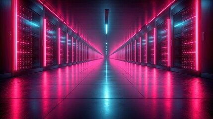 Fototapeta premium Neon-lit server room corridor, data center, digital future