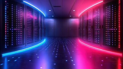 Neon-lit server room; data center processing
