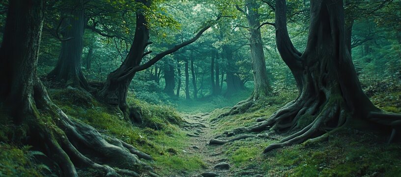 Mystical forest path with exposed roots and fog.
