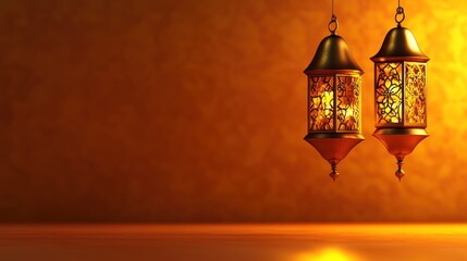 Two Illuminated Ornate Lanterns Hanging Against Warm Background