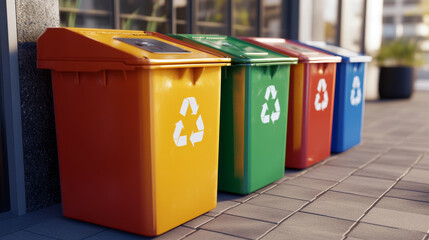 Recycling bins in various colors for waste sorting, promoting eco-friendly practices and environmental care