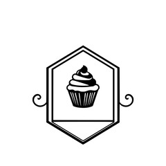 Black and white minimalist cupcake design within a hexagonal frame with decorative scrolls.
