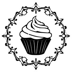 Ornate cupcake logo with elegant stylized decorative border, black and white, round floral frame.