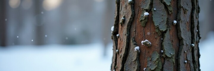 Tree trunk bare and weathered with snowflakes clinging to it, winter, snow