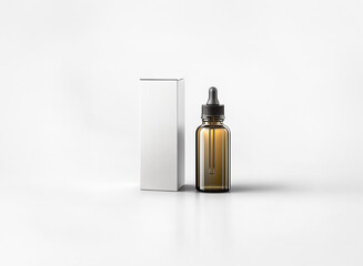 Clean studio shot of a bottle with a dropper and a box using double exposure effect for a modern and minimalist presentation.
