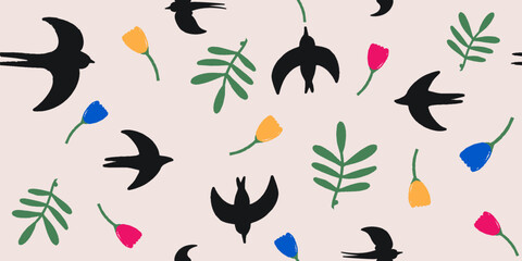 Seamless pattern botanical hand drawn beautiful style ornament with birds. Abstract trendy print. Fashionable vector template for your design
