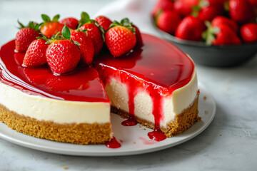 closeup photo of a creamy strawberry cheesecake with a golden graham cracker crust, topped with fresh strawberries and a glossy red strawberry glaze dripping down the sides 