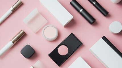 Obraz premium Modern flat-lay of sleek, minimalist makeup packaging