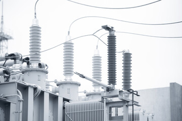 Electrical substation with high voltage switches, wires, transformer, ceramic insulators