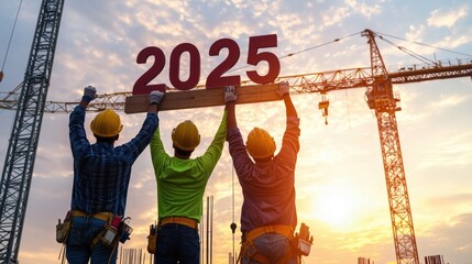 Construction Workers Holding 2025 Sign at Sunset on Building Site with Cranes and Clouds in Background