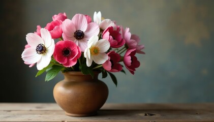 Anemone flowers in shades of pink and white in a vintage-inspired wooden vase, wood, arrangement