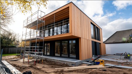 Fototapeta premium Modern Wooden House Under Construction with Scaffolding and Sanded Ground, Showcasing Innovative Architectural Design and Warm Natural Materials