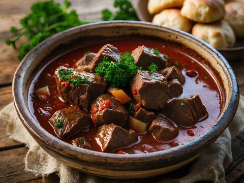 Warm Up with Hungarian P&ouml;rk&ouml;lt: A Hearty Beef Stew Rich in Flavor, Simmered with Paprika and Spices, Offering a Bold Taste of Hungarian Culinary Tradition in Every Savory Bite