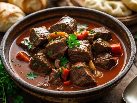 Discover the Comforting Flavors of Hungarian P&ouml;rk&ouml;lt: Tender Beef Stewed in a Spicy, Paprika-infused Sauce, Delivering a Rich, Aromatic Dish that Captures the Essence of Hungarian Home Cooking