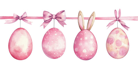 Easter garland with hanging eggs and bows, in pastel pink colors, on a white background