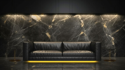 A bold living room featuring a black leather sofa with gold cushions on one side