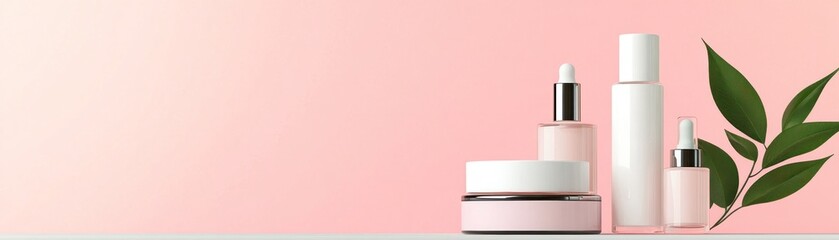 Pink and white cosmetic products displayed elegantly