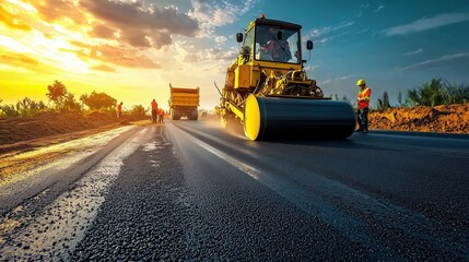Construction workers operating heavy machinery on a freshly asphalted road with vibrant sunset and industrial scenery