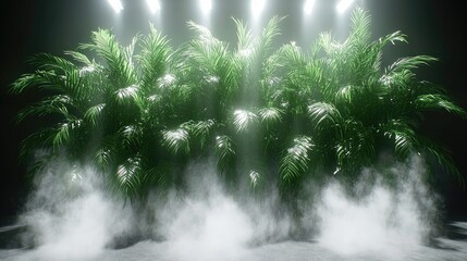 Obraz premium Lush Greenery Illuminated: Palm Leaves in Foggy Scene