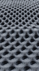 Gyroid network creating wavy surface with circular holes. Minimalist illustration of gray gyroid structure, creating visually appealing and intriguing pattern