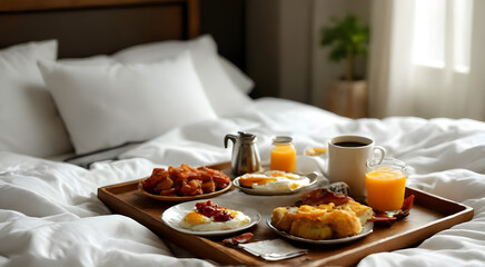 A cozy breakfast in bed on a wooden tray with a drink, surrounded by a laptop on soft white bedding, adding a modern touch, creating a warm, cozy atmosphere, perfect for a relaxing morning.