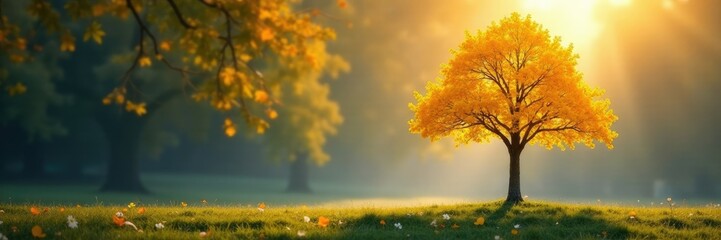 Fototapeta premium delicate light falls on lone yellow ginkgo tree, solo ginkgo, lone ginkgo