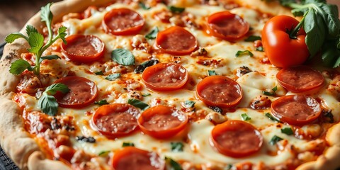 Close up of a mouth-watering pizza, showcasing a variety of delicious toppings like pepperoni, melted cheese, and fresh vegetables, closeup, pizza